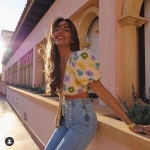 ZARA | Floral Colourful Tie Front Crop Blouse with Balloon Short Sleeves
